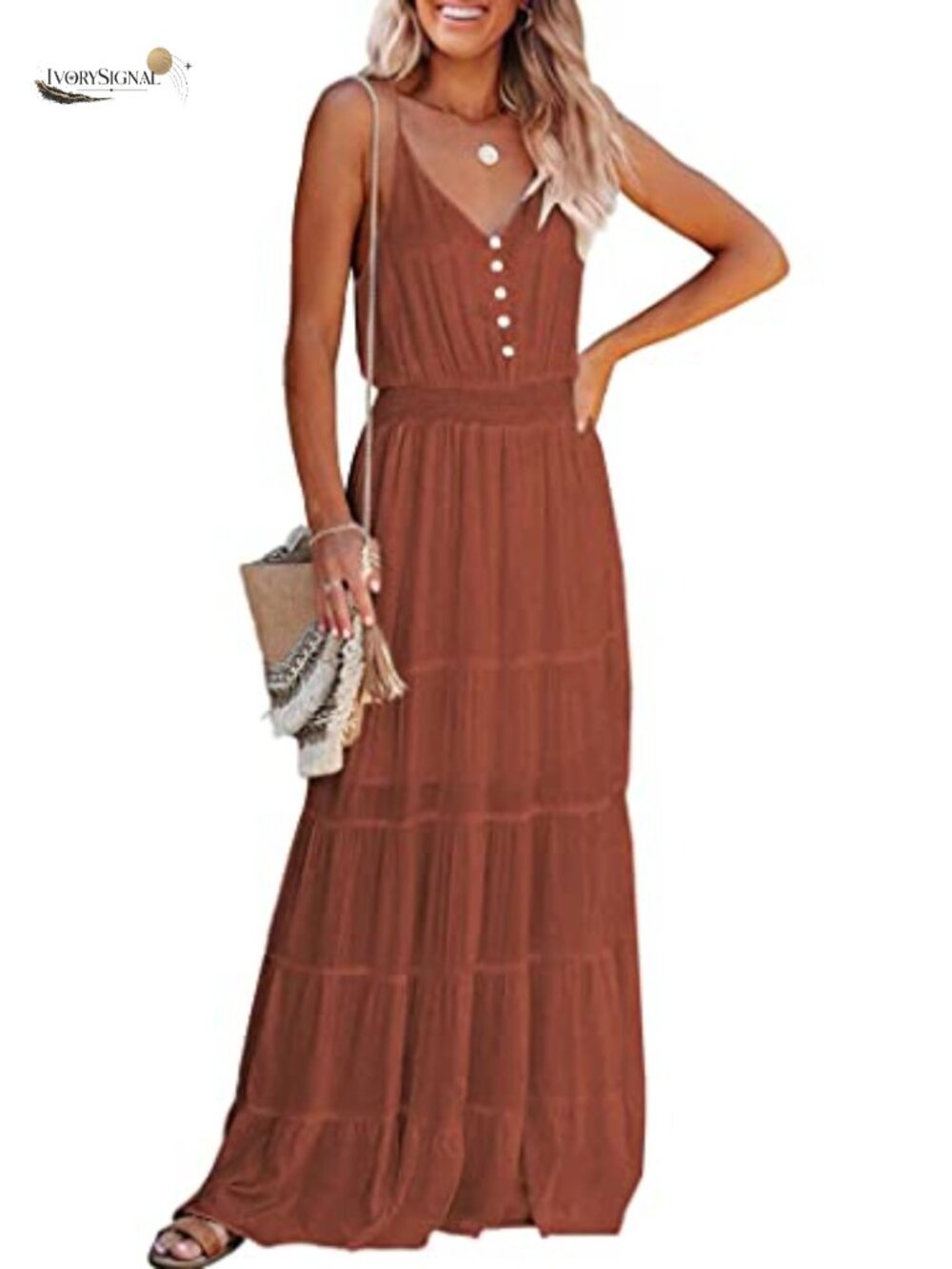 Spaghetti Strap V-Neck Tiered Maxi Dress Sleeveless Summer Beach
